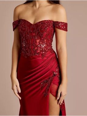 Just Black One-Shoulder Red Sequin Appliqué Gown